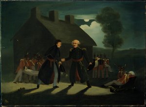El encuentro de Wellington (1769-1852) y Blucher (1742-1819) en La Belle Alliance después de la Batalla de Waterloo, c.1820 de H. Baynes